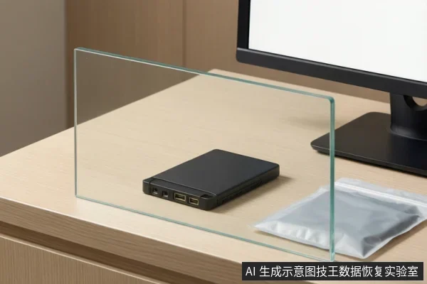 桌面上黑色外置固态硬盘被一块透明玻璃板罩住,旁边放一个透明自封袋,背景为显示器。