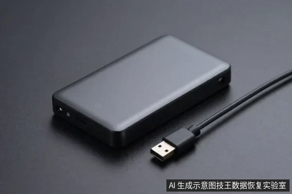 深色桌面上放置一块黑色移动硬盘,旁边连着一根USB数据线,接头清晰可见