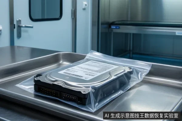 洁净室不锈钢托盘上放着一个透明自封袋,袋内装有一块3.5英寸机械硬盘,前端可见SATA数据与电源接口,背景为带观察窗的门和金属柜体。