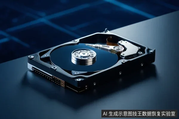 一块打开顶盖的机械硬盘放在深色桌面上,可见盘片、主轴和磁头组件,背景为蓝色网格图案。