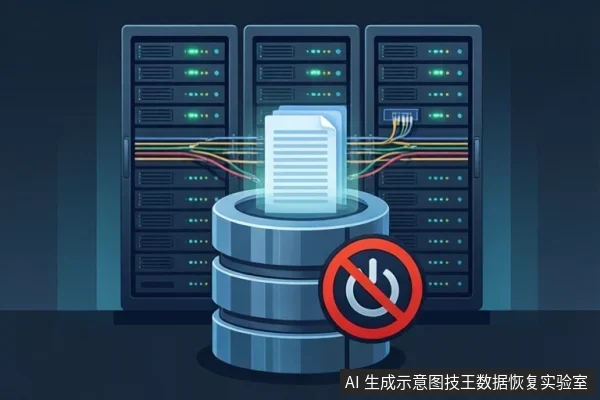 插画中三台服务器机柜前放置一个圆柱形数据库图标，上方悬浮一份文档，右侧有红色禁止电源符号，彩色线缆连接机柜与数据库。