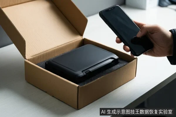 一只手拿着黑色智能手机,对准放在打开的纸箱内的黑色移动硬盘,背景为白色桌面。
