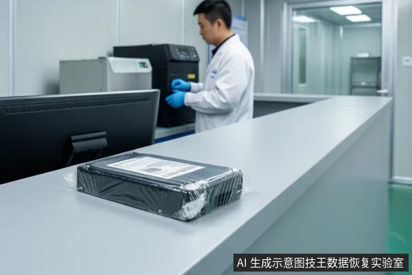 洁净室环境中,一名身穿白大褂的工作人员正在操作一台大型设备,前景桌面上放置着一个用塑料膜包裹的硬盘。