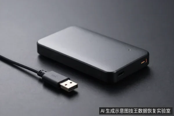 黑色移动硬盘平放在深色桌面，旁边有一根USB数据线，接头朝向硬盘