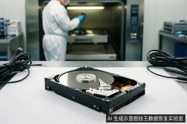 前景桌面上放置一块打开外壳的机械硬盘，可见盘片、主轴和磁头组件；背景为洁净室环境，一名穿无尘服的人员在设备前操作。