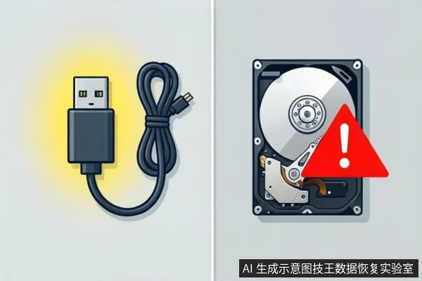 左侧为发光的USB接口与连接线，右侧为打开的机械硬盘，右下角叠加红色警告三角标志。
