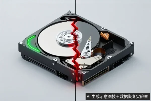 画面展示一个打开外壳的机械硬盘,盘片、主轴和磁头臂清晰可见,中间有一道红色锯齿状裂纹贯穿,左侧有绿色弧形标记。