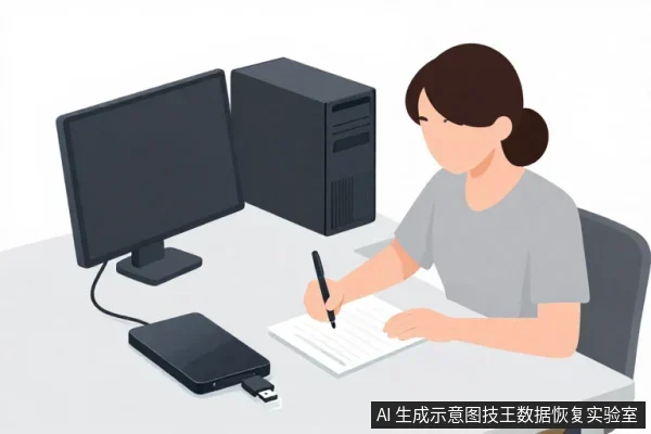 一名女性坐在桌前,用笔在纸上书写,桌上放有显示器、电脑主机、移动硬盘和U盘。