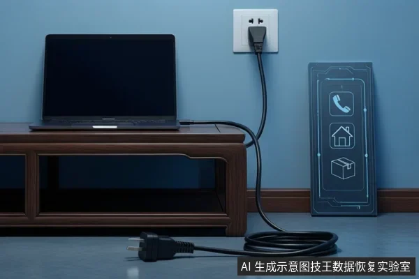 木桌上放一台黑屏笔记本电脑,墙插引出的电源线一端插头置于地面断开,右侧蓝色面板显示电话、房屋和箱子三个图标