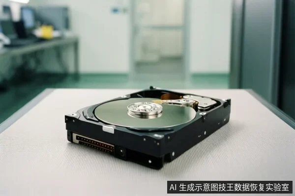 一块打开外壳的机械硬盘放在浅色桌面上,可见金属盘片、磁头臂和接口,背景为模糊的实验室环境。