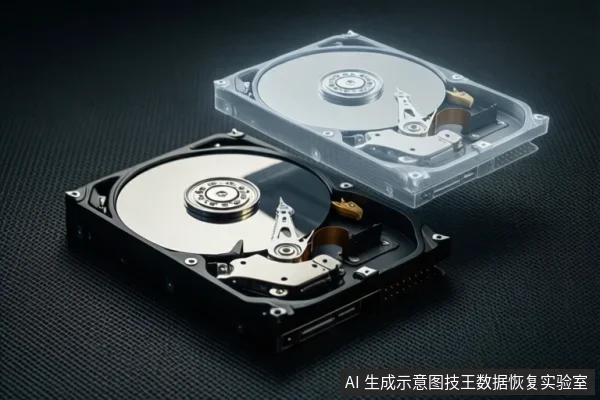 深色纹理背景上放置两块机械硬盘,前景硬盘外壳打开,露出金属盘片、主轴和读写磁头组件;后景硬盘带有半透明外壳,整体呈静态展示。