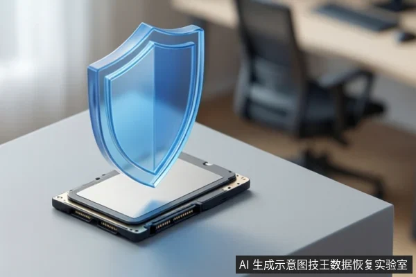 办公桌面上一块M.2固态硬盘平放，上方悬浮蓝色半透明盾牌图标，背景为虚化的办公椅与桌面。