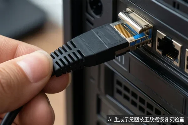 一只手捏住黑色SATA数据线的接口，正将其插入电脑机箱背板上的SATA接口，旁边可见RJ45网口。
