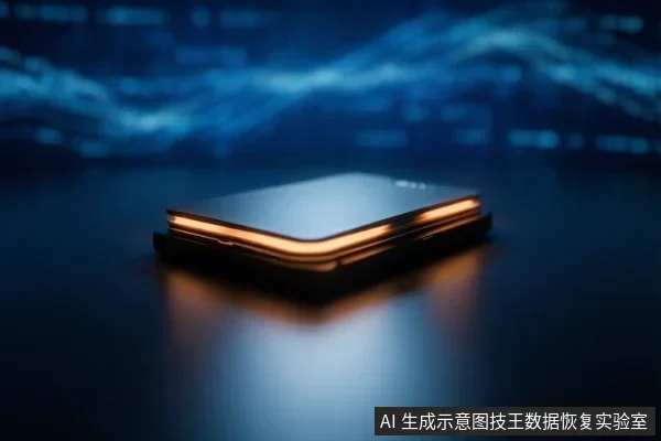 深色桌面上放置一块扁平存储设备，边缘发出橙色光带，背景为蓝色模糊数据波形，无操作动作。