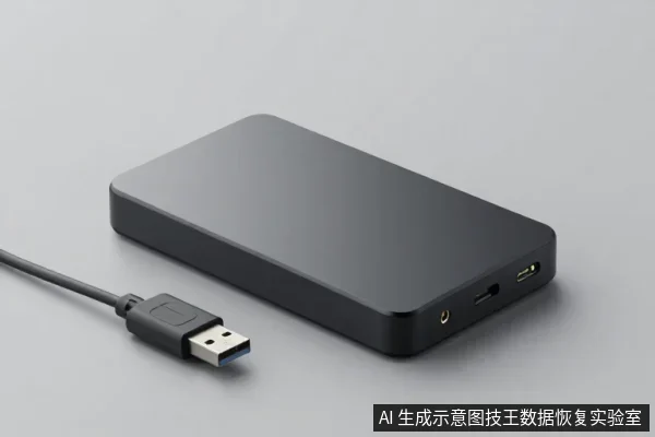 黑色长方形外置硬盘盒平放在灰色桌面上,左侧连着一根USB数据线,接头为USB-A公头,硬盘盒侧面可见USB接口和音频孔。
