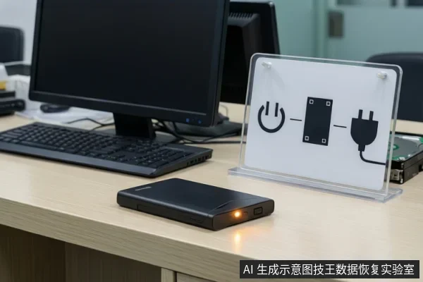 木桌上黑色移动硬盘橙色指示灯亮起，右侧透明立牌绘有电源符号、硬盘框与插头相连的示意图，背景为显示器与键盘。
