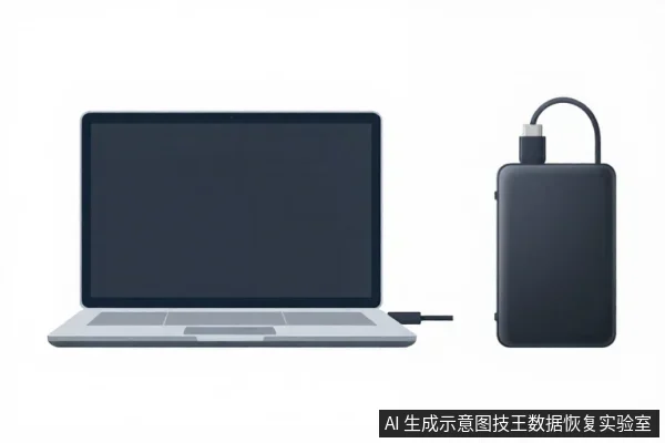 一台打开的笔记本电脑，右侧放着一块黑色移动硬盘，通过线缆与电脑相连。