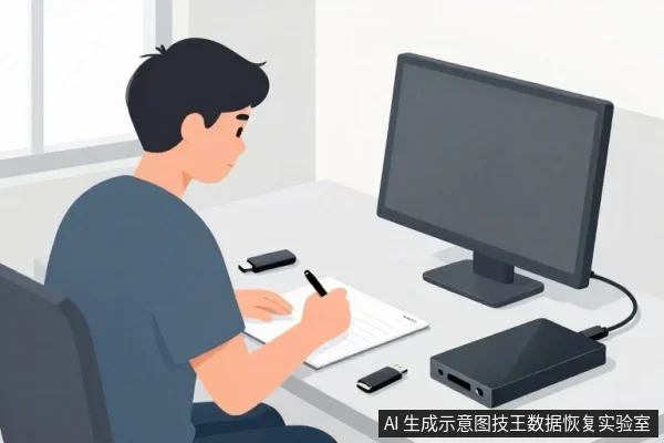 一名亚洲男性坐在桌前，用笔在纸上记录，桌上放着一台显示器、一块黑色移动硬盘和两个U盘。