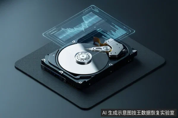 一块打开的机械硬盘放在黑色垫上,上方悬浮半透明图表界面,显示波形与柱状图。