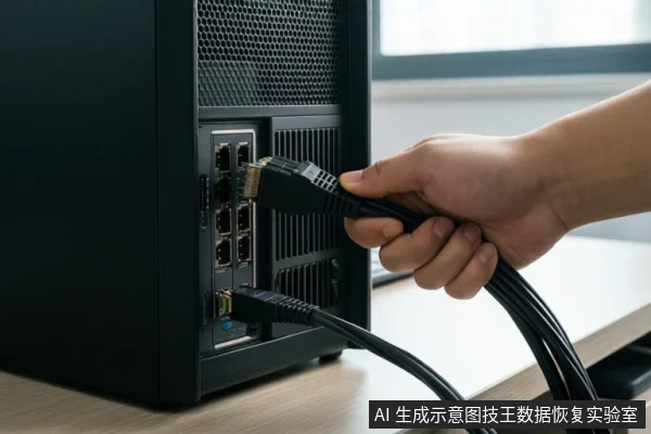 黑色机箱后部,一只手正将一根网线插入RJ45接口,下方另一根网线已连接。