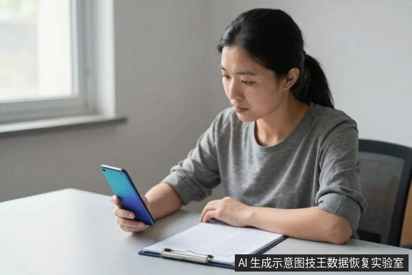 亚洲女性坐在桌前,手持蓝色智能手机查看,桌上放有带夹板的纸质表格