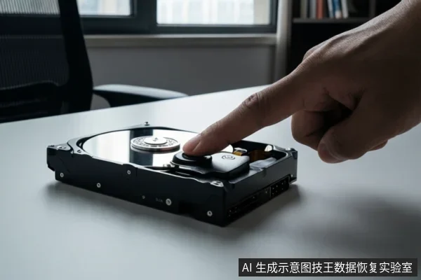 办公桌面上一块裸露的机械硬盘,一只手指正按在磁头组件附近,背景有办公椅和窗户。