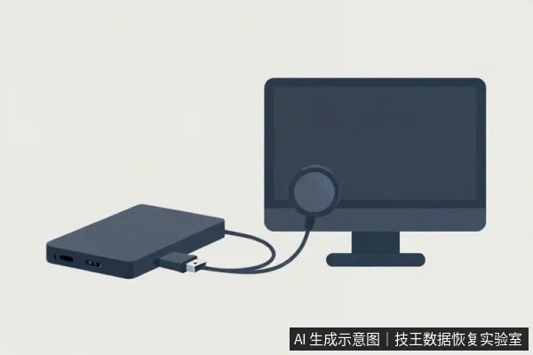 一台显示器通过线缆连接着左侧的移动硬盘，画面无文字。