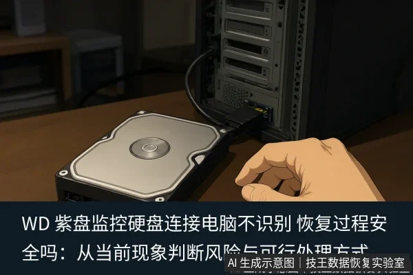 文章内容场景示意图:WD 紫盘监控硬盘连接电脑不识别 恢复过程安全吗:从当前现象判断风险与可行处理方式