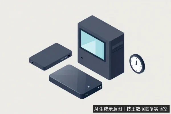 深灰色电脑主机与两块移动硬盘、时钟的示意图