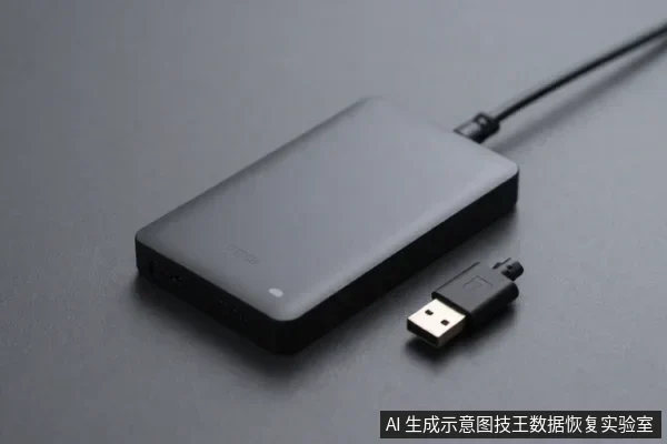 深灰色桌面上放置一块黑色方形外置硬盘，顶部连接一条黑色数据线，旁边放着一个USB插头。