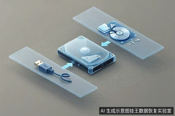 移动硬盘盒与USB数据线位于中间层，上方透明层展示硬盘盘片与磁头组件，箭头表示内部结构对应关系。