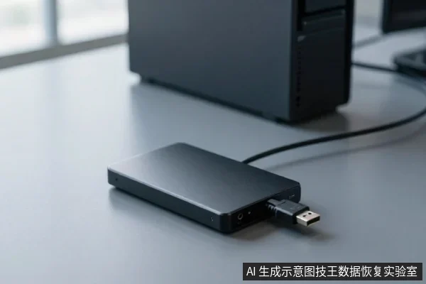 灰色桌面上放着一块黑色外置硬盘,通过USB线连接后方黑色电脑主机,画面无文字。