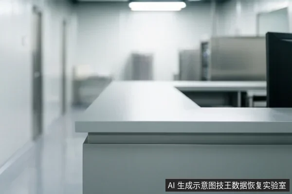 画面为模糊的室内办公或实验室环境,前景是一张白色的长桌,右侧边缘可见黑色显示器的一角,背景有模糊的柜体和灯光。