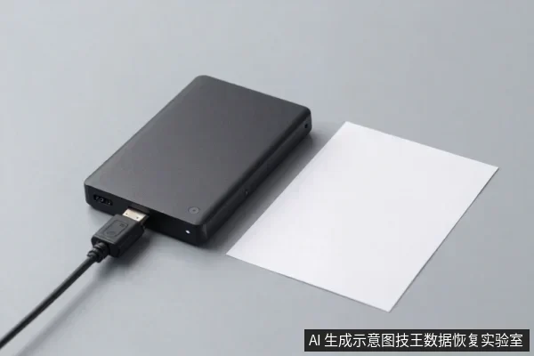 黑色外置硬盘通过USB线连接，旁边放着一张空白白纸，置于灰色桌面。