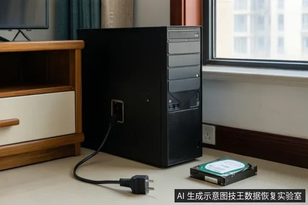 画面中一台台式电脑主机放在地上，电源线插头被拔下放在旁边，地上还有一块机械硬盘。