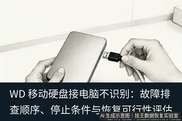 文章内容场景示意图:WD 移动硬盘接电脑不识别:故障排查顺序、停止条件与恢复可行性评估