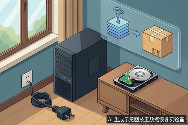 插画中黑色台式机旁电源插头置于地板未插入插座，木柜上放一块开盖机械硬盘，右上方半透明图示显示数据层指向寄件纸箱。