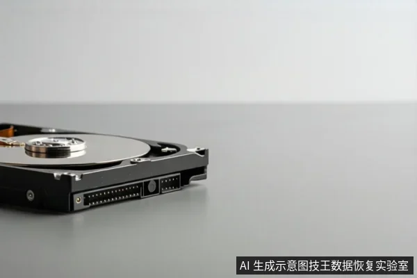 灰色台面上放置一块打开的机械硬盘,可见盘片、主轴和侧面接口,无文字。