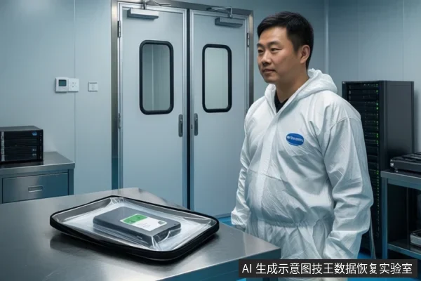 洁净室内一名穿白色防静电服的男子站在金属工作台旁，台上黑色托盘内放着封装在防静电袋中的硬盘，背景有气密门和服务器机柜。