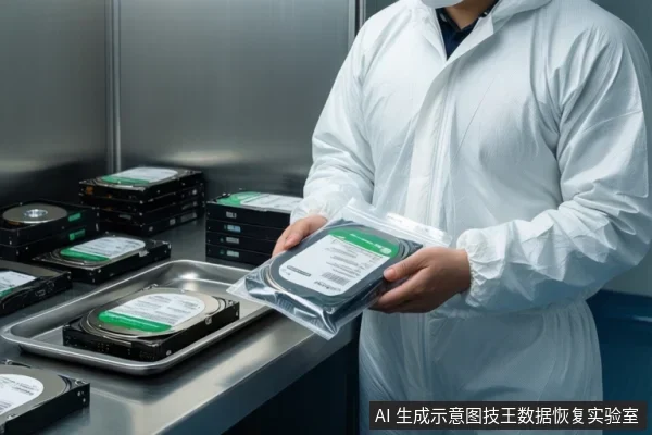 穿白色洁净服的人员双手捧着防静电袋封装的硬盘,左侧金属台面托盘内放一块开盖硬盘,旁边堆叠多块硬盘,背景为金属墙面。