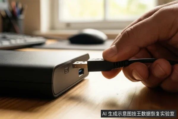 一只手正将USB数据线插入移动硬盘侧面的接口,背景为办公桌、键盘和鼠标。