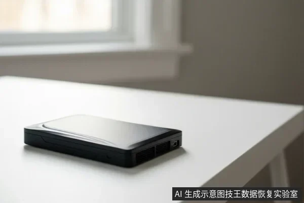 白色桌面上放置一个黑色移动硬盘，侧面可见接口和散热孔，背景为模糊的窗户和墙壁。