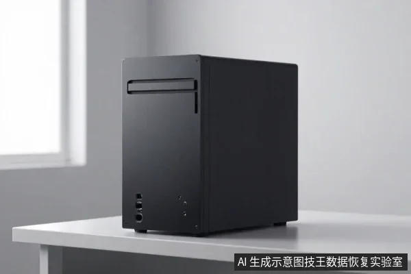 一台黑色迷你主机放置在白色桌面上，机身正面有光驱位挡板、USB接口和音频插孔，背景为浅色墙面与窗户。