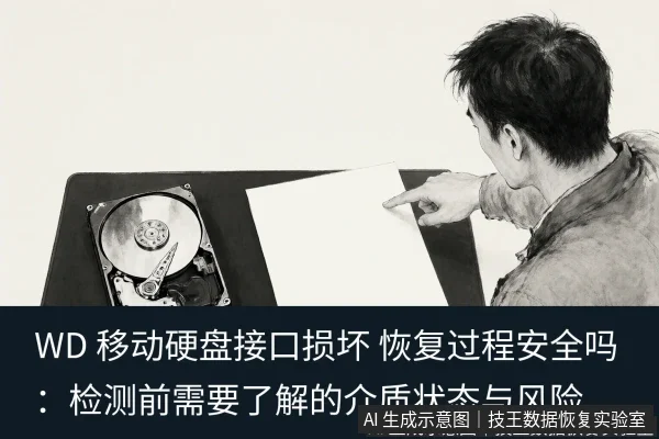 正文场景：文章内容场景示意图：WD 移动硬盘接口损坏 恢复过程安全吗：检测前需要了解的介质状态与风险