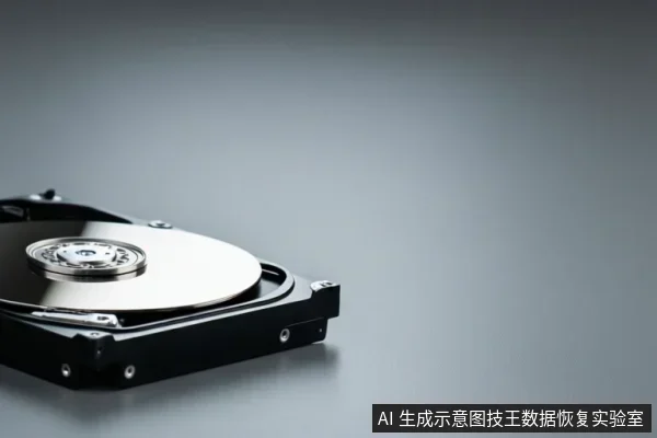 画面左下角展示一个打开外壳的机械硬盘,可见金属盘片、中心主轴和黑色底座,背景为灰色渐变。