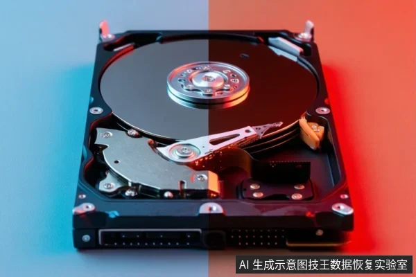 一块打开外壳的机械硬盘,可见盘片、主轴电机和磁头臂,背景为蓝红双色。