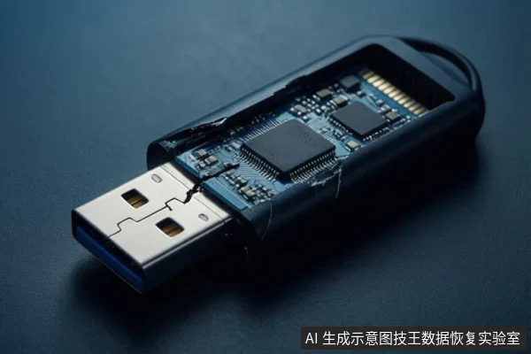 一个黑色U盘外壳断裂，内部电路板、主控芯片和闪存芯片暴露，USB接口处可见裂纹，放置在深色平面上。