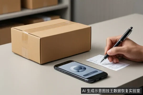 白色桌面上放置一个棕色纸箱,右侧一只手正用黑色笔在一张小纸条上书写,前方有一部智能手机,背景为货架和纸箱。