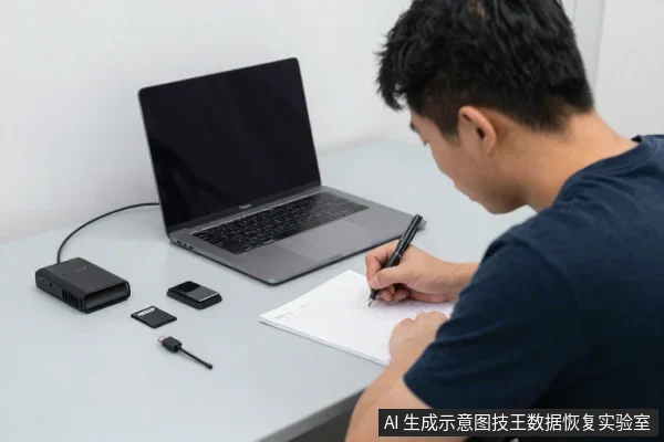 一名男子坐在桌前,用笔在纸上记录,旁边放着一台笔记本电脑、一个移动硬盘、一个读卡器和一张存储卡。