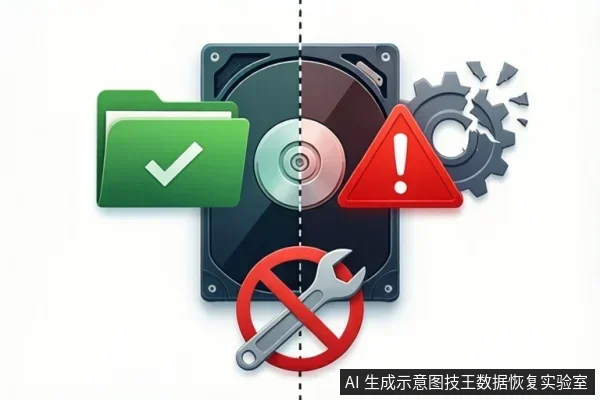 画面中央为机械硬盘,周围环绕带对勾的绿色文件夹、红色警告三角、破碎齿轮以及被禁止符号覆盖的扳手,示意识别、故障与禁止自行维修。